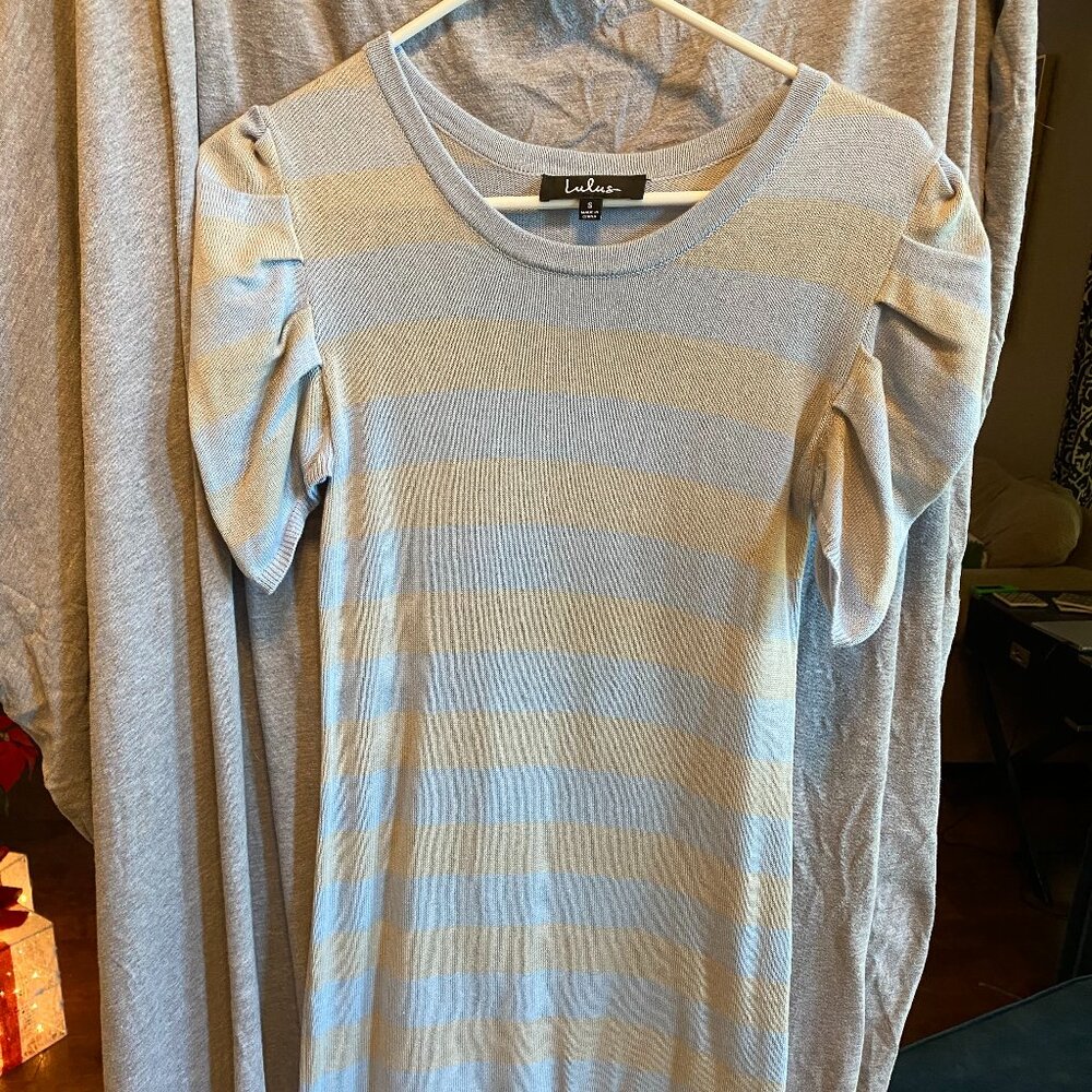 Lulus Stripped Puff Sleeve Sweater Knit Bodycon Mini Dress SMALL